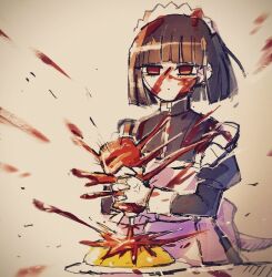 Rule 34 | 1girl, anger vein, apron, black hair, black jacket, closed mouth, explosion, food, jacket, jersey maid, juliet sleeves, ketchup bottle, limbus company, long sleeves, maid, omelet, omurice, plate, project moon, puffy sleeves, ryoshu (project moon), short hair, solo, surumenabe, unconventional maid, white apron