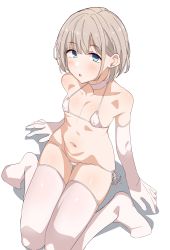 Rule 34 | 1girl, absurdres, bare shoulders, bikini, blue eyes, blush, breasts, choker, collarbone, covered erect nipples, elbow gloves, gloves, highres, idolmaster, idolmaster shiny colors, looking at viewer, navel, open mouth, seihekiog, serizawa asahi, short hair, sitting, small breasts, solo, swimsuit, thighhighs, thighs, wariza, white bikini, white gloves, white hair, white thighhighs