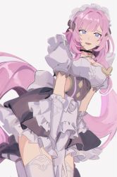 Rule 34 | 1girl, between legs, breasts, cleavage, elbow gloves, elysia (honkai impact), elysia (miss pink elf), elysia (miss pink elf) (honkai impact), garter straps, gloves, hand between legs, high heels, highres, honkai (series), honkai impact 3rd, long hair, looking at viewer, maid, maid headdress, official alternate costume, open mouth, parted lips, pink hair, shoes, simple background, solo, thighhighs, uehara suiyo