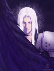 Rule 34 | 1boy, armor, black background, black coat, black feathers, closed mouth, coat, commentary, feathered wings, feathers, final fantasy, final fantasy vii, final fantasy vii remake, highres, lips, long bangs, long hair, looking at viewer, male focus, parted bangs, sephiroth, shoulder armor, single wing, solo, tommy worthington, upper body, white eyes, white hair, wings