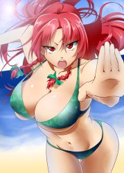 Rule 34 | 1girl, alternate costume, alternate eye color, bikini, bow, braid, breasts, cleavage, fangs, female focus, groin, hair bow, hong meiling, large breasts, lens flare, long hair, mattari yufi, navel, open mouth, red eyes, red hair, solo, strap gap, swimsuit, thigh gap, thighs, touhou, twin braids, underboob