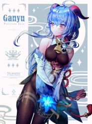 Rule 34 | 1girl, a0lp, ahoge, bare shoulders, bell, black gloves, blue flower, blue hair, blush, bodystocking, breasts, character name, closed mouth, crescent moon, detached sleeves, english text, flower, flower knot, ganyu (genshin impact), genshin impact, gloves, glowing flower, highres, horns, long hair, long sleeves, looking away, looking to the side, low ponytail, medium breasts, moon, purple eyes, red ribbon, ribbon, smile, solo, tassel, two-tone background, very long hair