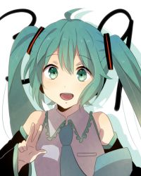 Rule 34 | 1girl, 39, :d, ahoge, aqua eyes, aqua hair, bad id, bad pixiv id, bare shoulders, blush, detached sleeves, female focus, foreshortening, hair between eyes, hatsune miku, headset, long hair, long image, long sleeves, looking at viewer, necktie, open mouth, shadow, shirt, simple background, sleeveless, sleeveless shirt, smile, solo, tall image, twintails, upper body, v, vocaloid, white background, yukichi (eikichi)
