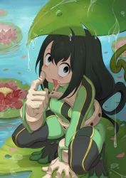 Rule 34 | 10s, 1girl, :p, asui tsuyu, bad id, bad pixiv id, black hair, bodysuit, boku no hero academia, breasts, flower, full body, gloves, hair rings, highres, leaf, lily pad, long hair, looking at viewer, nature, pond, rain, solo, squatting, tongue, tongue out, water, water drop