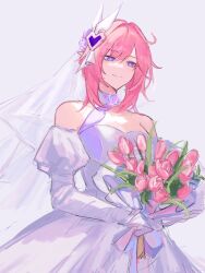 Rule 34 | 1girl, bare shoulders, bouquet, breasts, closed mouth, collarbone, commentary, detached sleeves, dress, elysia (honkai impact), flower, grey background, hair intakes, hair ornament, heart, heart hair ornament, highres, holding, holding bouquet, honkai (series), honkai impact 3rd, juliet sleeves, long sleeves, medium breasts, pink flower, pink hair, pointy ears, puffy sleeves, purple eyes, sidelocks, simple background, smile, solo, veil, weeiskaw, white dress, white sleeves