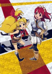 Rule 34 | 00s, 2girls, absurdres, blonde hair, cecily cambell, gloves, hat, highres, knight, lisa (seiken no blacksmith), long hair, looking up, multiple girls, official art, pointy ears, purple eyes, red eyes, red hair, seiken no blacksmith, smile, sword, weapon
