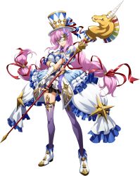 Rule 34 | 1girl, blue ribbon, braid, dress, floating hair, full body, hair ribbon, hat, hat ribbon, highres, holding, holding staff, knight of mystery (langrisser), langrisser, langrisser mobile, layered dress, long hair, official art, pink hair, purple thighhighs, red ribbon, ribbon, shiny clothes, shiny legwear, short dress, solo, staff, standing, thighhighs, transparent background, twin braids, twintails, very long hair, white dress, white footwear