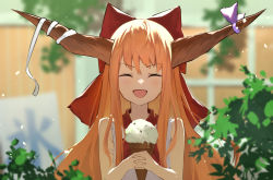 Rule 34 | 1girl, absurdres, blouse, blue ribbon, bow, closed eyes, facing viewer, food, hair bow, highres, holding, holding food, horn ornament, horn ribbon, horns, ibuki suika, ice cream, long hair, oeyama, oni horns, open mouth, orange hair, red bow, ribbon, shirt, smile, solo, torn clothes, torn sleeves, touhou, upper body, white shirt