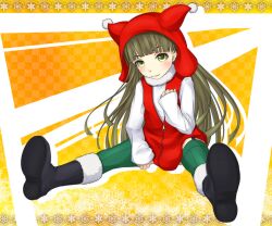 Rule 34 | 1girl, black footwear, blunt bangs, blush, boots, child, christmas, closed mouth, commentary request, full body, fur-trimmed boots, fur-trimmed footwear, fur trim, green eyes, green hair, green thighhighs, hand up, hood, jane elves, legs apart, long hair, long sleeves, looking at viewer, medium bangs, red hood, red vest, shin (highest1192), shirt, sitting, sleeves past wrists, smile, solo, sozaiyamimi, thighhighs, toaru majutsu no index, toaru majutsu no index: endymion no kiseki, very long hair, vest, white shirt, white trim