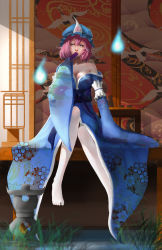 Rule 34 | 1girl, absurdres, alcohol, arm garter, bare shoulders, blue dress, bottle, breasts, cleavage, closed mouth, cup, dress, eyelashes, hand fan, floral print, folding fan, full body, grass, hand up, hat, highres, hitodama, holding fan, japanese clothes, kimono, large breasts, lips, long sleeves, looking away, mob cap, obi, off shoulder, pink eyes, pink hair, saigyouji yuyuko, sake, sake bottle, sash, short hair, sitting, sliding doors, solo, sprog, touhou, triangular headpiece, water, wide sleeves