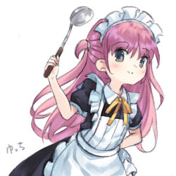Rule 34 | 1girl, alternate costume, apron, artist request, black dress, blush, child, closed mouth, commentary request, cowboy shot, dress, enmaided, eyes visible through hair, frilled apron, frills, grey eyes, hair between eyes, hand on own hip, hand up, holding, holding ladle, katou umi, ladle, long hair, looking at viewer, maid, maid apron, maid headdress, neck ribbon, puffy short sleeves, puffy sleeves, purple hair, ribbon, short sleeves, signature, simple background, sketch, smile, solo, standing, summer pockets, two side up, very long hair, white apron, white background, yellow ribbon
