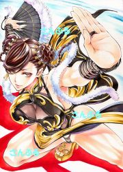 Rule 34 | 1girl, armpits, bare legs, bracelet, breasts, brown eyes, brown hair, capcom, china dress, chinese clothes, chun-li, closed mouth, double bun, dress, fighting stance, folding fan, foreshortening, hair bun, hand fan, jewelry, large breasts, looking at viewer, marker (medium), pelvic curtain, short hair, smile, solo, spiked bracelet, spikes, street fighter, thighs, traditional media, yqgkg