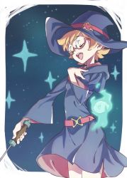Rule 34 | belt, closed eyes, freckles, glasses, hat, highres, hooded robe, little witch academia, lotte jansson, magic, music, open mouth, orange hair, pink-framed eyewear, robe, semi-rimless eyewear, short hair, singing, solo, star (symbol), tama (tama-s), under-rim eyewear, wand, wide sleeves, witch, witch hat