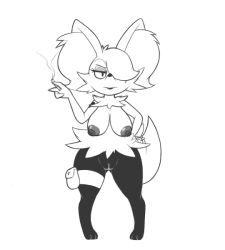 Rule 34 | 1girl, aintsmart, animal ears, animal hands, braixen, breasts, cigarette, creatures (company), feet, female focus, fox ears, fox tail, full body, furry, furry female, game freak, gen 6 pokemon, greyscale, hair over one eye, half-closed eyes, hand on own hip, hand up, holding, large breasts, lips, looking at viewer, mole, mole under eye, monochrome, nintendo, nipples, nude, pigeon-toed, pokemon, pokemon (creature), pokemon xy, pouch, pussy, simple background, smoke, solo, standing, tail, thigh pouch, thigh strap, uncensored, white background