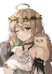Rule 34 | 1girl, ahoge, animal, bare shoulders, breast hold, breasts, brown hair, closed mouth, curled fingers, detached sleeves, ekina (1217), eyelashes, flower, flower wreath, green eyes, green hair, hair between eyes, hedgehog, highres, long hair, long sleeves, looking at viewer, multicolored hair, on shoulder, one eye closed, open mouth, original, parted lips, puffy long sleeves, puffy sleeves, rose, see-through, see-through sleeves, shaded face, simple background, solo, thorns, two-tone hair, upper body, v-shaped eyebrows, white background, white flower, white rose