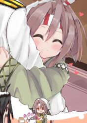 Rule 34 | 2girls, @ @, ^ ^, admiral (kancolle), amano kouki, apron, blush, brown eyes, brown hair, character request, closed eyes, closed mouth, commentary request, gloves, green kimono, hachimaki, hair between eyes, hand on another&#039;s head, head scarf, headband, heart, highres, hug, imagining, jacket, japanese clothes, kantai collection, kimono, long hair, military jacket, mixing bowl, multiple girls, open mouth, pouring, smile, white gloves, white jacket, yellow apron, zuihou (kancolle)
