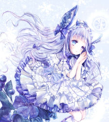 Rule 34 | 1girl, blue eyes, blue flower, blue hair, blue nails, bonnet, bow, butterfly-shaped pupils, commentary request, dress, flower, frilled dress, frilled sleeves, frills, hair bow, himemurasaki, layered dress, light blue hair, light frown, lolita fashion, long hair, nail polish, original, own hands together, ribbon, ribbon-trimmed sleeves, ribbon trim, snowflake print, snowflakes, solo, sparkle, symbol-shaped pupils