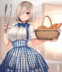 Rule 34 | 1girl, basket, blue dress, blue eyes, blush, bow, bowtie, breasts, closed mouth, commentary, dirndl, dress, food, german clothes, hair ornament, hair over one eye, hairclip, hamakaze (kancolle), highres, holding, holding basket, holding food, holding tongs, indoors, kantai collection, kasumi (skchkko), large breasts, looking at viewer, plaid, short hair, short sleeves, silver hair, solo, standing, tongs