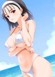 1girl arm_under_breasts bikini black_eyes black_hair blue_sky blush breasts commission engo_(aquawatery) hair_behind_ear hairband highres kazama_jun large_breasts looking_at_viewer medium_hair navel ocean outdoors pixiv_commission sky solo swimsuit tekken white_bikini white_hairband