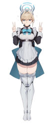 Rule 34 | 1girl, absurdres, apron, blue archive, blue eyes, breasts, double v, frills, full body, halo, highres, looking at viewer, maid apron, maid headdress, medium breasts, mung (larnec), neck ribbon, ribbon, simple background, solo, thighhighs, toki (blue archive), v, white background, white thighhighs