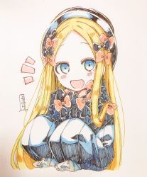 Rule 34 | 1girl, :d, abigail williams (fate), black bow, black dress, black hat, blonde hair, blue eyes, blush, bow, brown background, dress, fate/grand order, fate (series), forehead, hair bow, hands up, hat, highres, long hair, long sleeves, looking at viewer, open mouth, orange bow, parted bangs, signature, simple background, sleeves past fingers, sleeves past wrists, smile, sofra, solo, upper body, very long hair
