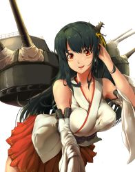 Rule 34 | 10s, 1girl, bare shoulders, black hair, blush, breasts, cannon, detached sleeves, fusou (kancolle), hair ornament, highres, japanese clothes, kantai collection, large breasts, long hair, md5 mismatch, nontraditional miko, open mouth, pekoneko, personification, red eyes, skirt, smile, solo, turret