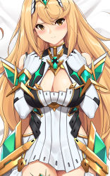 Rule 34 | 1girl, bare shoulders, bed sheet, blonde hair, blush, breasts, cleavage, cleavage cutout, clothing cutout, commentary, dakimakura (medium), dress, elbow gloves, english commentary, gem, gloves, hair between eyes, hair ornament, headpiece, jewelry, large breasts, long hair, looking at viewer, lying, mythra (xenoblade), nintendo, on back, solo, swept bangs, thigh gap, tiara, tony guisado, v-shaped eyebrows, very long hair, wavy mouth, white dress, white gloves, xenoblade chronicles (series), xenoblade chronicles 2, yellow eyes