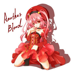 Rule 34 | 00s, 1girl, another blood, choco la tea, demonbane, dress, finger to mouth, hat, kneeling, nitroplus, pink hair, red eyes, red theme, see-through, shadow, simple background, solo