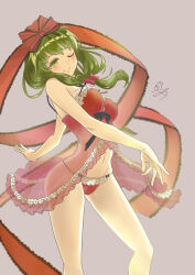 Rule 34 | 1girl, absurdres, alternate costume, babydoll, bare shoulders, black bow, blush, bow, breasts, commentary request, dancing, dimple, frills, from side, front ponytail, g-string, green eyes, green hair, hair bow, head tilt, highres, kagiyama hina, lingerie, long ribbon, looking at viewer, medium breasts, medium hair, midriff, negligee, one eye closed, panties, pinching, red bow, red ribbon, ribbon, see-through, signature, simple background, smile, solo, spaghetti strap, spinning, thick eyelashes, thighs, thong, totomiya, touhou, underwear