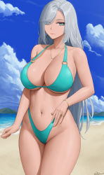Rule 34 | 1girl, alternate costume, aqua bikini, arm at side, armpit crease, bangle, bare arms, bare shoulders, beach, bikini, blue eyes, blue sky, blush, bracelet, breasts, cameltoe, cleavage, closed mouth, cloud, collarbone, commentary, commentary request, cowboy shot, day, english commentary, eyes visible through hair, genshin impact, gold necklace, groin, hair over one eye, halterneck, highleg, highleg bikini, highres, jewelry, large breasts, legs together, lips, long hair, looking at viewer, mixed-language commentary, mountainous horizon, navel, necklace, o-ring, o-ring bikini, ocean, outdoors, paid reward available, ring, sand, shenhe (genshin impact), shore, sidelocks, sky, smile, solo, standing, stomach, straight hair, strap gap, swept bangs, swimsuit, thighs, twitter username, very long hair, water, white hair, zaphn