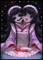 Rule 34 | 1boy, alluka zoldyck, apron, black eyes, black hair, black mouth, conjoined, crossdressing, food, fork, fruit, highres, hollow eyes, hunter x hunter, japanese clothes, kiko, kimono, knife, long hair, long sleeves, looking at viewer, maid, maid headdress, male focus, merging bodies, open mouth, pale skin, pink kimono, pomegranate, trap, very long hair, wa maid, white apron, wide sleeves