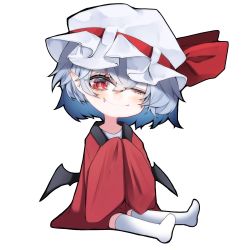 Rule 34 | 1girl, bat wings, chibi, closed mouth, hair between eyes, hat, highres, looking at viewer, mob cap, one eye closed, red eyes, remilia scarlet, short hair, simple background, sitting, smile, solo, touhou, tsune (tune), white background, wings