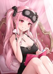 Rule 34 | 1girl, absurdres, bare arms, bare shoulders, black choker, black dress, black scrunchie, book, bow, breasts, choker, cleavage, ddungddang, dress, earrings, eyewear on head, grin, hair ornament, hair scrunchie, heart, highres, holding, holding pen, hololive, hololive english, index finger raised, jewelry, knees up, large breasts, light particles, long hair, looking at viewer, messy hair, mori calliope, mori calliope (sleepwear), notebook, on chair, pen, pink hair, red eyes, scrunchie, sidelocks, sitting, skull earrings, skull print, sleep mask, sleeveless, sleeveless dress, smile, solo, thighs, twintails, very long hair, virtual youtuber, white bow