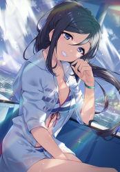 Rule 34 | 1girl, absurdres, arm support, armband, bikini, blue hair, blue sky, blush, boat, breasts, cleavage, front-tie bikini top, front-tie top, hair between eyes, high ponytail, highres, hood, hooded sweater, leg up, long hair, looking at viewer, love live!, love live! sunshine!!, matsuura kanan, medium breasts, ocean, outdoors, ponytail, purple eyes, see-through, short sleeves, sitting, sky, smile, solo, striped bikini, striped clothes, sunlight, sweater, swimsuit, teeth, watercraft, wet, wet clothes, wet hair, white sweater, yamaori (yamaorimon)