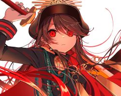 Rule 34 | 1girl, black hair, cape, closed mouth, commentary request, expressionless, family crest, fate/grand order, fate/type redline, fate (series), frown, gold trim, hat, holding, holding sword, holding weapon, koha-ace, long hair, long sleeves, looking at viewer, military, military hat, military uniform, multicolored hair, oda nobunaga (fate), oda nobunaga (koha-ace), oda uri, official alternate hair color, peaked cap, red cape, red eyes, red hair, simple background, solo, sword, twitter username, two-tone hair, uniform, upper body, very long hair, weapon, white background, yui (tamagohan)