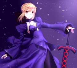 Rule 34 | 1girl, artoria pendragon (all), artoria pendragon (fate), black bow, black pantyhose, blonde hair, blue dress, bow, breasts, choker, cleavage, collarbone, detached sleeves, dress, excalibur morgan (fate), eyebrows, fate/stay night, fate (series), hair bow, highres, medium breasts, pantyhose, saber (fate), saber alter, short hair, solo, unscpro, yellow eyes