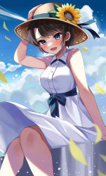 Rule 34 | 1girl, blue eyes, blush, breasts, brown hair, brown hat, cloud, cloudy sky, collared dress, commentary request, day, dress, feet out of frame, flower, hat, hat flower, highres, hololive, knees together feet apart, leaf, medium breasts, moonbell, oozora subaru, open mouth, outdoors, short hair, sitting, sky, sleeveless, sleeveless dress, solo, sun hat, sunflower, virtual youtuber, white dress