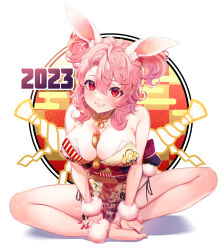 Rule 34 | 1girl, 2023, absurdres, animal ear fluff, animal ears, bare shoulders, between breasts, breasts, chinese zodiac, cleavage, fingernails, fur trim, grin, hair between eyes, highres, hisayaki kyuu, indian style, japanese clothes, kimono, large breasts, leotard, long fingernails, looking at viewer, medium hair, new year, original, pink hair, playboy bunny, rabbit ears, rabbit tail, red eyes, red nails, short twintails, sitting, smile, tail, tassel, twintails, v arms, year of the rabbit