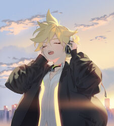 Rule 34 | 1boy, bishounen, blonde hair, blurry, blurry background, building, cityscape, closed eyes, cloud, dawn, day, hands on headphones, hands up, headset, highres, kagamine len, kagamine len (append), male focus, morning, naoko (naonocoto), open mouth, outdoors, short hair, skyscraper, spiked hair, star (sky), teeth, upper body, upper teeth only, vocaloid, vocaloid append