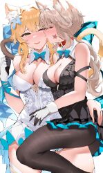 Rule 34 | 2girls, animal ears, aqua bow, aqua bowtie, bare shoulders, black dress, black pantyhose, blonde hair, blush, bow, bowtie, breasts, cat ears, cat girl, cat tail, detached collar, dress, facial mark, flower, genshin impact, gloves, hair flower, hair ornament, highres, large breasts, licking, licking another&#039;s face, long hair, lumine (genshin impact), lynette (genshin impact), multiple girls, one eye closed, pantyhose, shiben (ugvu5784), sidelocks, simple background, star (symbol), star facial mark, tail, thighs, white background, white dress, white gloves, yellow eyes, yuri