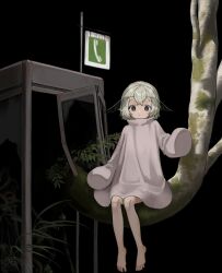 Rule 34 | 1other, arthropod girl, barefoot, black background, black eyes, commentary request, dress, expressionless, feet, hair between eyes, highres, in tree, insect girl, long sleeves, looking at viewer, medium hair, moth antennae, moth girl, original, phone booth, plant, puffy long sleeves, puffy sleeves, sign, sitting, sitting in tree, solo, toes, tree, uni no, white dress, white hair