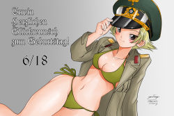 Rule 34 | 10s, 1girl, bikini, blonde hair, blush, breasts, brown eyes, cleavage, erwin (girls und panzer), female focus, girls und panzer, green bikini, grey background, groin, hat, highres, looking at viewer, matsui yasutsugu, medium breasts, military hat, navel, open clothes, short hair, side-tie bikini bottom, smile, solo, swimsuit, thighs