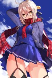 Rule 34 | 1girl, ahoge, arm behind back, artoria pendragon (all), artoria pendragon (fate), bad id, bad twitter id, black-framed eyewear, black thighhighs, blonde hair, blue coat, blue skirt, braid, breasts, cloud, cloudy sky, coat, day, duffel coat, energy sword, excalibur (fate/stay night), fate/grand order, fate (series), french braid, garter straps, glasses, gluteal fold, holding, holding sword, holding weapon, looking at viewer, mataro (matarou), mysterious heroine x alter (fate), mysterious heroine x alter (first ascension) (fate), neckerchief, open clothes, open coat, outdoors, panties, plaid, plaid scarf, red neckerchief, red scarf, saber (fate), scarf, scarf over mouth, semi-rimless eyewear, skirt, sky, small breasts, solo, sword, sword behind back, thighhighs, underwear, upskirt, weapon, white panties, yellow eyes