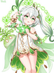 Rule 34 | 1girl, absurdres, bare shoulders, blush, elf, genshin impact, green eyes, hair ornament, highres, holding, holding weapon, hoshitsuki higan, looking at viewer, nahida (genshin impact), open mouth, pointy ears, side ponytail, slime (genshin impact), spring onion, symbol-shaped pupils, thighs, weapon, white hair
