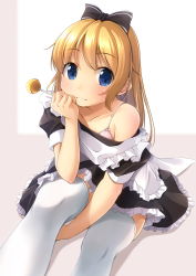 Rule 34 | 1girl, apron, bare shoulders, black bow, black dress, blonde hair, blue eyes, blush, bow, bow bra, bra, candy, closed mouth, collarbone, commentary request, dress, food, frilled apron, frills, hair bow, highres, holding, holding candy, holding food, holding lollipop, lollipop, long hair, maid, maid apron, off shoulder, original, pink bra, puffy short sleeves, puffy sleeves, shibacha, short sleeves, smile, solo, thighhighs, underwear, white apron, white thighhighs