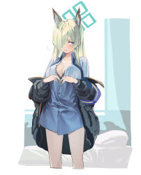 Rule 34 | 1girl, animal ear fluff, animal ears, armband, bed, black bra, black jacket, blonde hair, blue archive, blue eyes, blue necktie, blue shirt, bra, breasts, cleavage, collared shirt, extra ears, flying sweatdrops, hair over one eye, halo, highres, jacket, kanna (blue archive), large breasts, long hair, looking to the side, necktie, ningen (ningen96), no pants, notched ear, off shoulder, partially unbuttoned, shirt, solo, standing, underwear