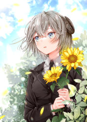 Rule 34 | 1girl, akasaka asa, black jacket, black necktie, blue eyes, borrowed character, collared shirt, commentary request, curled horns, day, flower, grey hair, hair between eyes, highres, holding, holding flower, horns, jacket, long sleeves, looking away, looking to the side, necktie, original, outdoors, parted lips, shirt, signature, solo, sunflower, upper body, white shirt, yellow flower