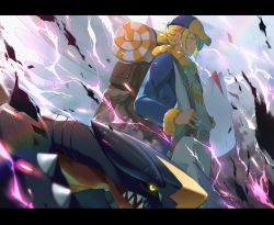Rule 34 | 1boy, backpack, bag, belt, blonde hair, blue jumpsuit, blurry, brown bag, brown belt, closed eyes, closed mouth, commentary request, creatures (company), energy, from side, game freak, garchomp, gen 4 pokemon, hair bun, haska (user gure4787), hat, highres, holding strap, jumpsuit, letterboxed, long sleeves, male focus, nintendo, pokemon, pokemon (creature), pokemon legends: arceus, short hair, single hair bun, smile, togekiss, volo (pokemon), yellow headwear