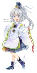 Rule 34 | 1girl, 2zuz4hru, :d, black footwear, black hat, black skirt, blush, boots, commentary request, flat chest, full body, grey eyes, grey hair, hat, japanese clothes, kariginu, long hair, long sleeves, looking at viewer, medium bangs, mononobe no futo, neck ribbon, open mouth, painting (medium), pom pom (clothes), ponytail, purple ribbon, ribbon, ribbon-trimmed sleeves, ribbon trim, simple background, skirt, sleeves past fingers, sleeves past wrists, smile, solo, tate eboshi, touhou, traditional media, twitter username, walking, watercolor (medium), white background, wide sleeves