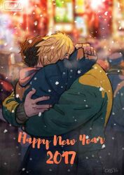 Rule 34 | 2017, 2boys, bad id, bad tumblr id, bara, black hair, blonde hair, couple, covered face, cowboy shot, cris art, earrings, english text, from side, happy new year, hug, hulkling, jewelry, male focus, marvel, multiple boys, new year, short hair, snowing, wiccan, yaoi